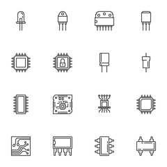 Microchip technology line icons set, outline vector symbol collection, linear style pictogram pack. Signs, logo illustration. Set includes icons as computer processor, cpu chip, semiconductor, circuit