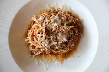 spaghetti Bolognese with minced beef and tomato sauce