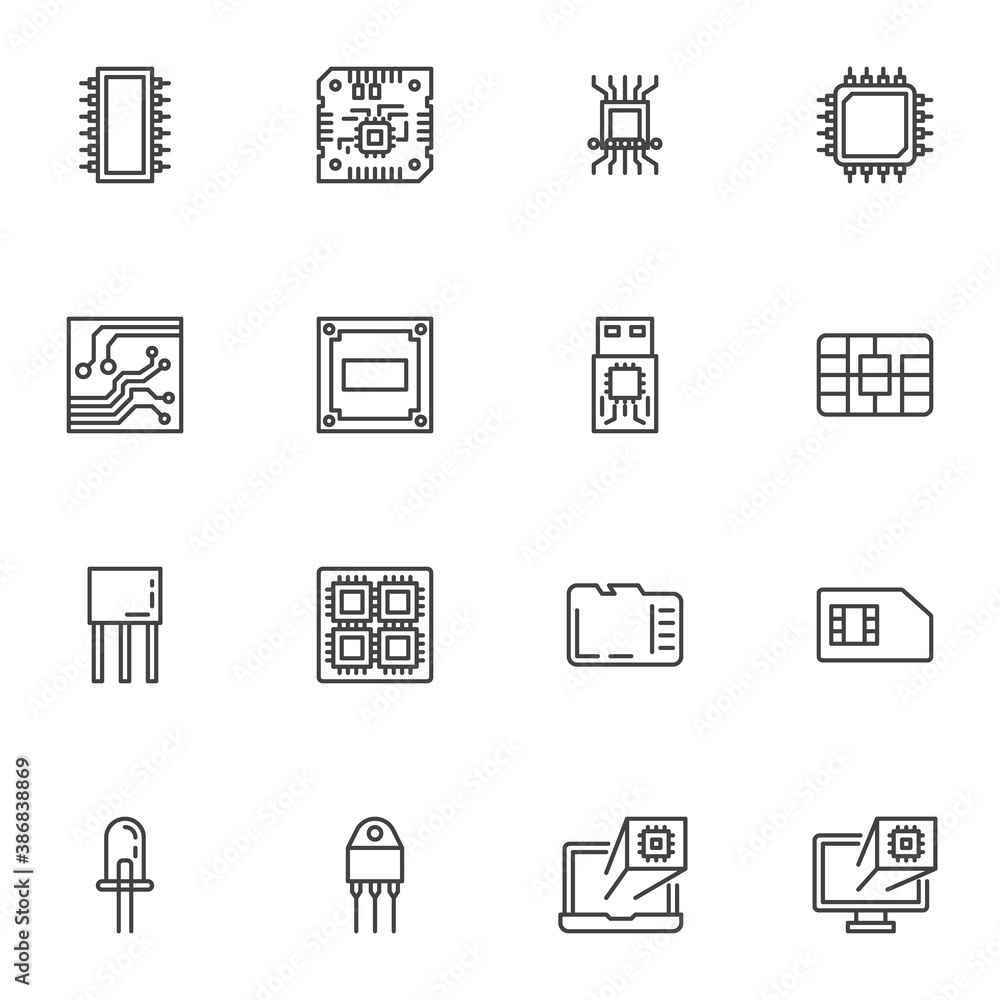 Poster computer microchip line icons set, outline vector symbol collection, linear style pictogram pack. si