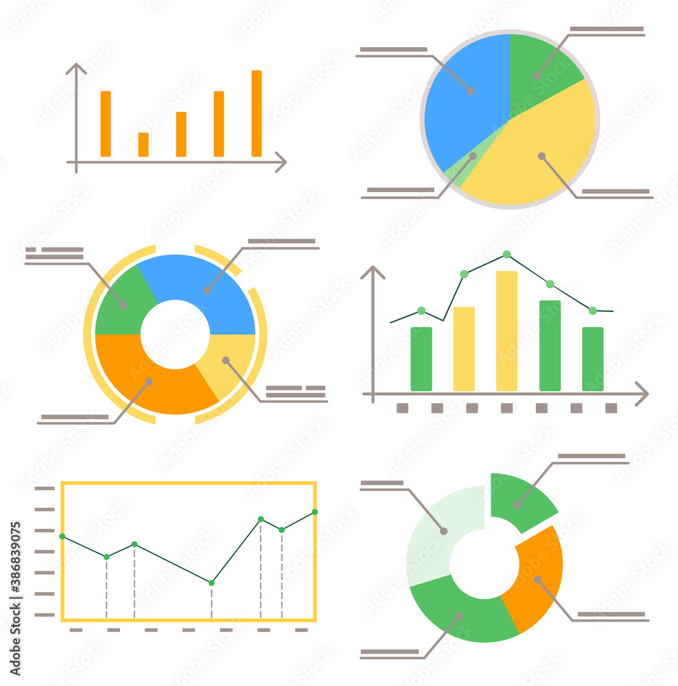 Poster set of analytics diagrams and graphs isolated on white background. statistics and financial informat