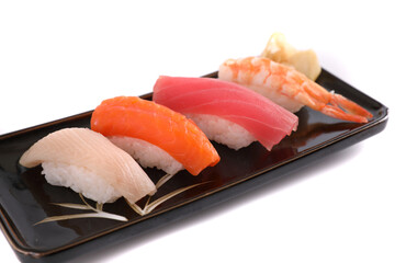 Sushi set , Japanese food sushi salmon tuna shrimp  and sea bass isolated in white background