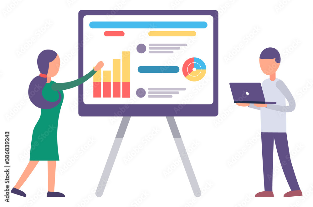 Poster man and woman exploring statistics charts and diagrams. people discussing about project. business an