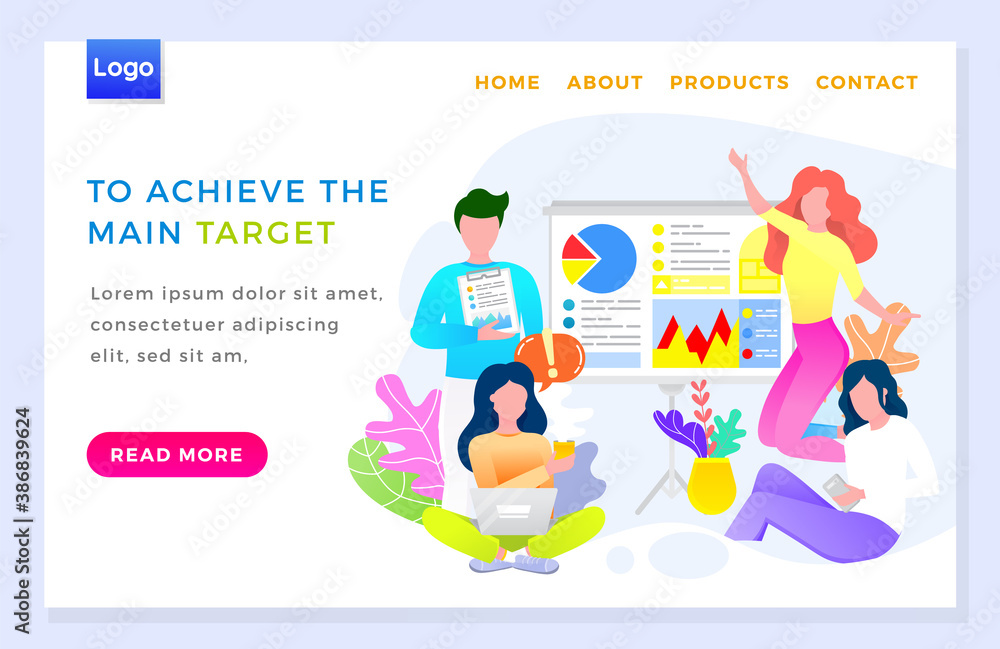 Poster people in team working on startup to achieve main target. man and women thinking about business stra