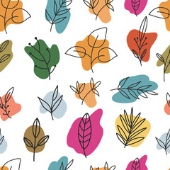 Seamless pattern colored leaves, abstract shapes. Minimalistic ink painting style.