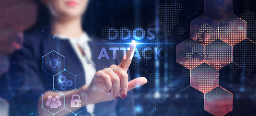 Business, technology, internet and network concept. Young businessman thinks over the steps for successful growth: Ddos attack