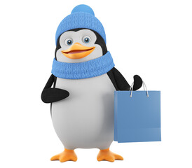 Cartoon character penguin in winter clothes happily points to the shopping bag isolated white background. 3d render illustration.