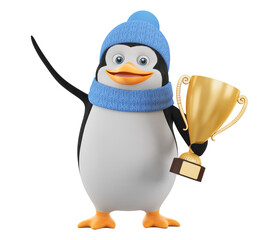 Cartoon character penguin in winter clothes rejoices in victory and holds a golden cup on an isolated white background. 3d render illustration.