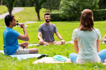 Fototapeta premium fitness, sport and healthy lifestyle concept - group of happy people sitting on yoga mats at park