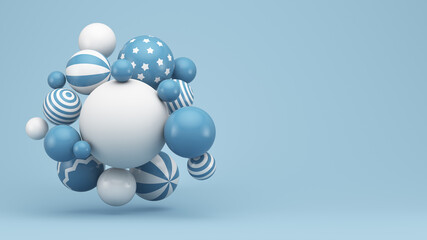 Abstraction. Blue shiny spheres with white decor on a light blue background. 3d dender illustration.