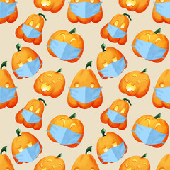 Seamless digital Halloween pattern with pumpkins in masks on beige. Funky background for wrapping paper, wallpapers and pandemic party decoration
