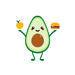 Cute cartoon style smiling avocado character holding apple and cheeseburger. Concept of choosing between healthy food and fast food.