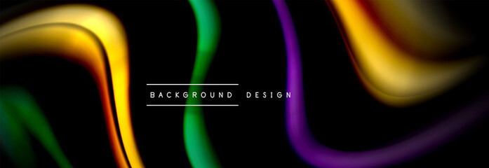 Dynamic motion abstract background. Color blurred stripes on black. Wave liquid lines poster. Vector illustration