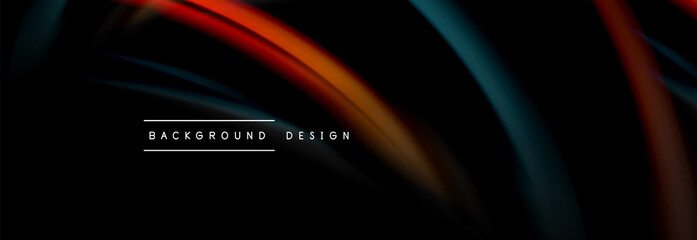 Dynamic motion abstract background. Color blurred stripes on black. Wave liquid lines poster. Vector illustration