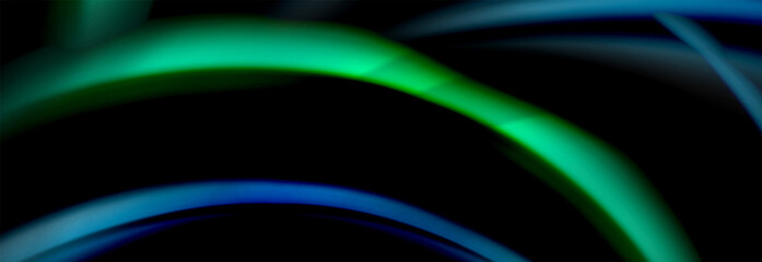 Dynamic motion abstract background. Color blurred stripes on black. Wave liquid lines poster. Vector illustration