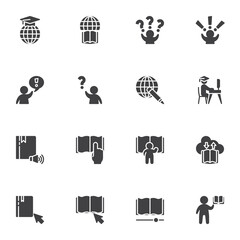 Distance education vector icons set, modern solid symbol collection, filled style pictogram pack. Signs, logo illustration. Set includes icons as e-learning, faq, ebook library, answer and question