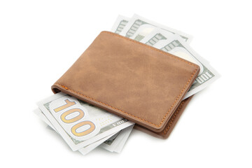 Brown leather wallet with money isolated on white background