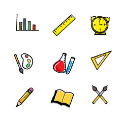 stationery for office or school vector illustration isolated on white background. hand drawn vector. bar chart, ruler, alarm clock, palette and paintbrush, beaker, pencil and book. icon of learning. 
