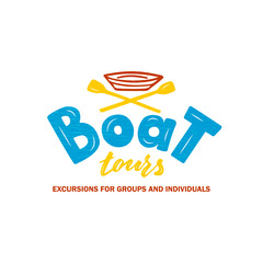 Vector illustration of boat tours brush lettering for banner, leaflet, poster, clothes, logo, advertisement design. Handwritten text for template, signage, billboard, printing, price list, flyer
