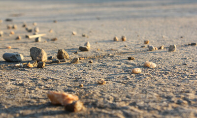 small rock on concrete road.