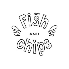 Vector illustration of fish and chips lettering for banner, leaflet, poster, clothes, logo, advertisement design. Handwritten text for template, signage, billboard, print, menu, flyer, cafe decoration
