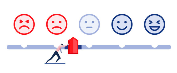 A businessman tries to improve feedback indicators by moving the slider. Improving customer relations. Vector illustration.