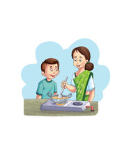 boy with mother in the kitchen