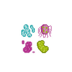 Bacteria and microbe pixel art icons set. Viral molecules. Micro organisms, virus, parasite, germs and bacilli isolated vector illustration. Design for logo, app. Observation in the microscope. 8-bit.