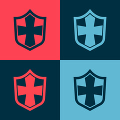 Pop art Shield icon isolated on color background. Guard sign. Security, safety, protection, privacy concept. Vector.