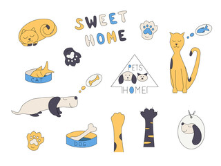 Set of cartoon cats and dogs dreaming of home and food. Vector illustration of Pets.