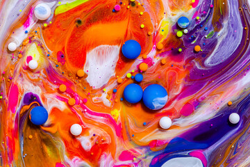 Fluid art texture. Background with abstract swirling paint effect. Liquid acrylic picture with flowing bubbles. Mixed paints for posters or wallpapers. Vibrant overflowing colors