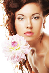 woman with big pink flowers