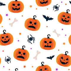 Halloween pattern with different pumpkins, spooky jack o lantern, spiders and bats