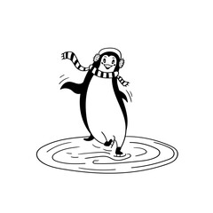 Penguin ice skating. Black and white vector funny animal graphic