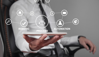 Man holding tablet. RPA-Robotic Process Automation. Business, Technology