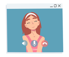 Obraz premium Girl Having Video Call, People Talking to Each Other on Computer Screen, Working from Home, Social Distancing Vector Illustration
