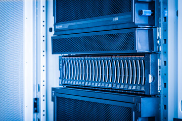 Array of data storage hard drives in internet data center