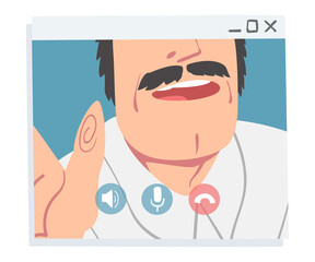 Man Having Video Call, Mustached Man Chatting Online, Working from Home, Social Distancing Concept Vector Illustration
