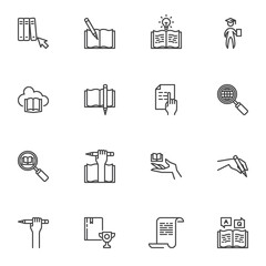 Fototapeta premium Education and e-learning line icons set, outline vector symbol collection, linear style pictogram pack. Signs logo illustration. Set includes icons as graduate student, online bookstore cloud, diploma