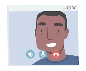 Smiling Man Having Conference Video Call, African American Man Chatting Online, Working from Home, Social Distancing Concept Vector Illustration
