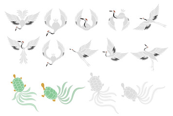 鶴と亀のベクターイラスト素材セット