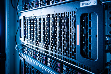 Array of data storage hard drives in internet data center