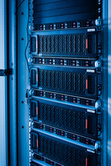 Array of data storage hard drives in internet data center