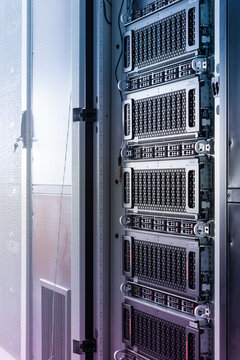 Array of data storage hard drives in internet data center