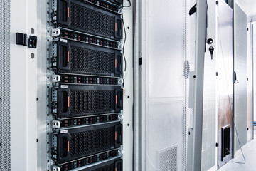 Array of data storage hard drives in internet data center