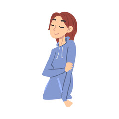 Fototapeta premium Teen Girl Thinking up an Idea with Happy Facial Expression and Closed Eyes, Teenager Dreaming about Something Cartoon Style Vector Illustration