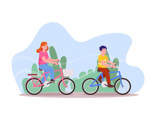 Happy Kids Riding Bike Together Cartoon