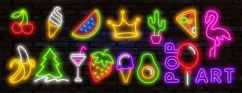 Pop art icons set. Pop art neon sign. Bright signboard, light banner. Vector illustration Pop art icons set. Pop art neon sign. Set of neon stickers, pins, patches in 80s-90s neon style.