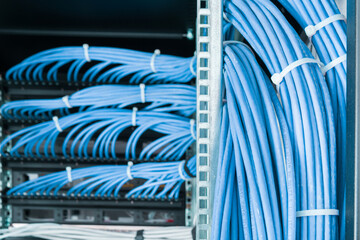 large group of UTP cables, Ethernet cables in rack cabinet, lead