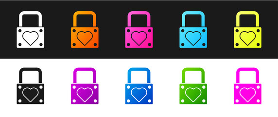 Set Lock and heart icon isolated on black and white background. Locked Heart. Love symbol and keyhole sign. Valentines day symbol. Vector.