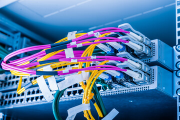 Fiber Optic cables connected to network switch